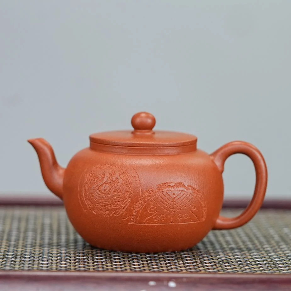 宜兴原矿紫砂壶 原矿龙山朱砂 全手工 刻图 平盖莲子 紫砂壶