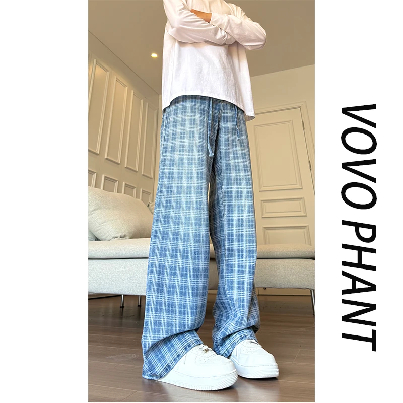 VOVO美式复古潮流蓝色格纹抽绳牛仔裤男秋季新款宽松直筒休闲裤子