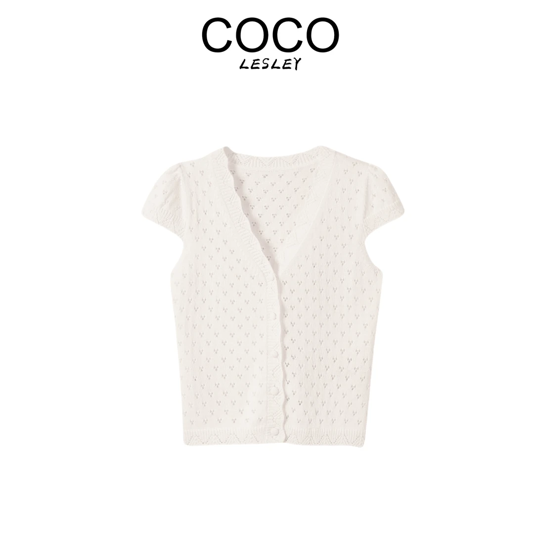 【COCO LESLEY】 时尚百搭V领泡泡袖精致镂空针织开衫msl364