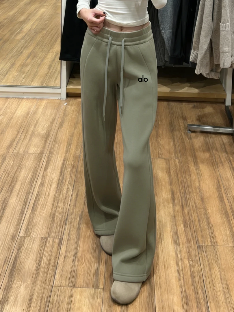 ALO阔腿裤秋冬加绒加厚抽绳高腰休闲运动卫裤垂感直筒裤宽松显瘦