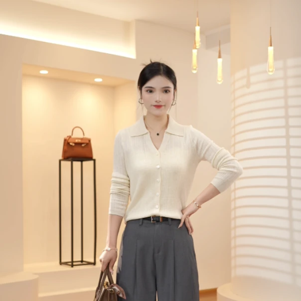 维纶多【春漾】气质翻领羊毛开衫女春款时尚百搭舒适针织打底衫D016