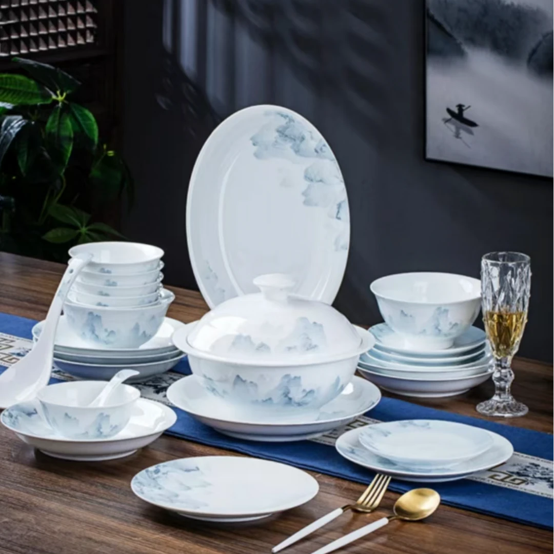 正宗景德镇本地瓷高白泥釉下千里江山碗盘碟58件餐具套装