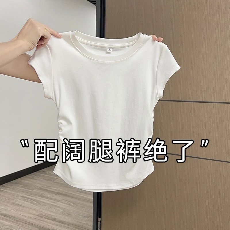 正肩纯欲甜美白色短袖t恤女2025夏季新款显瘦短款小上衣小个子