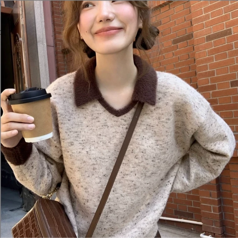 宽松大码撞色翻领杂色点点纱2024新款秋冬女毛衣针织上衣#9201