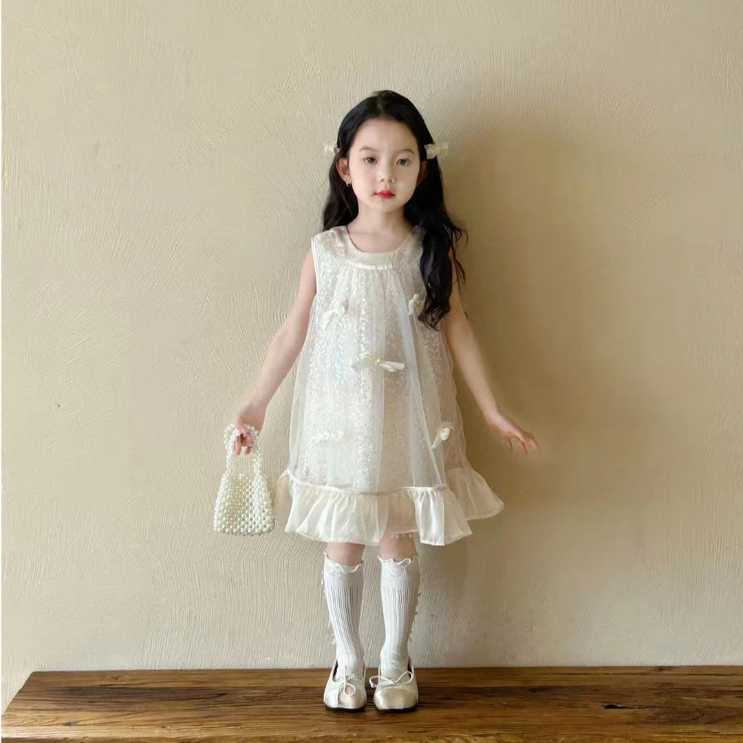 女童夏季超仙蝴蝶结亮片连衣裙女宝宝洋气无袖蕾丝拼接网纱公主裙