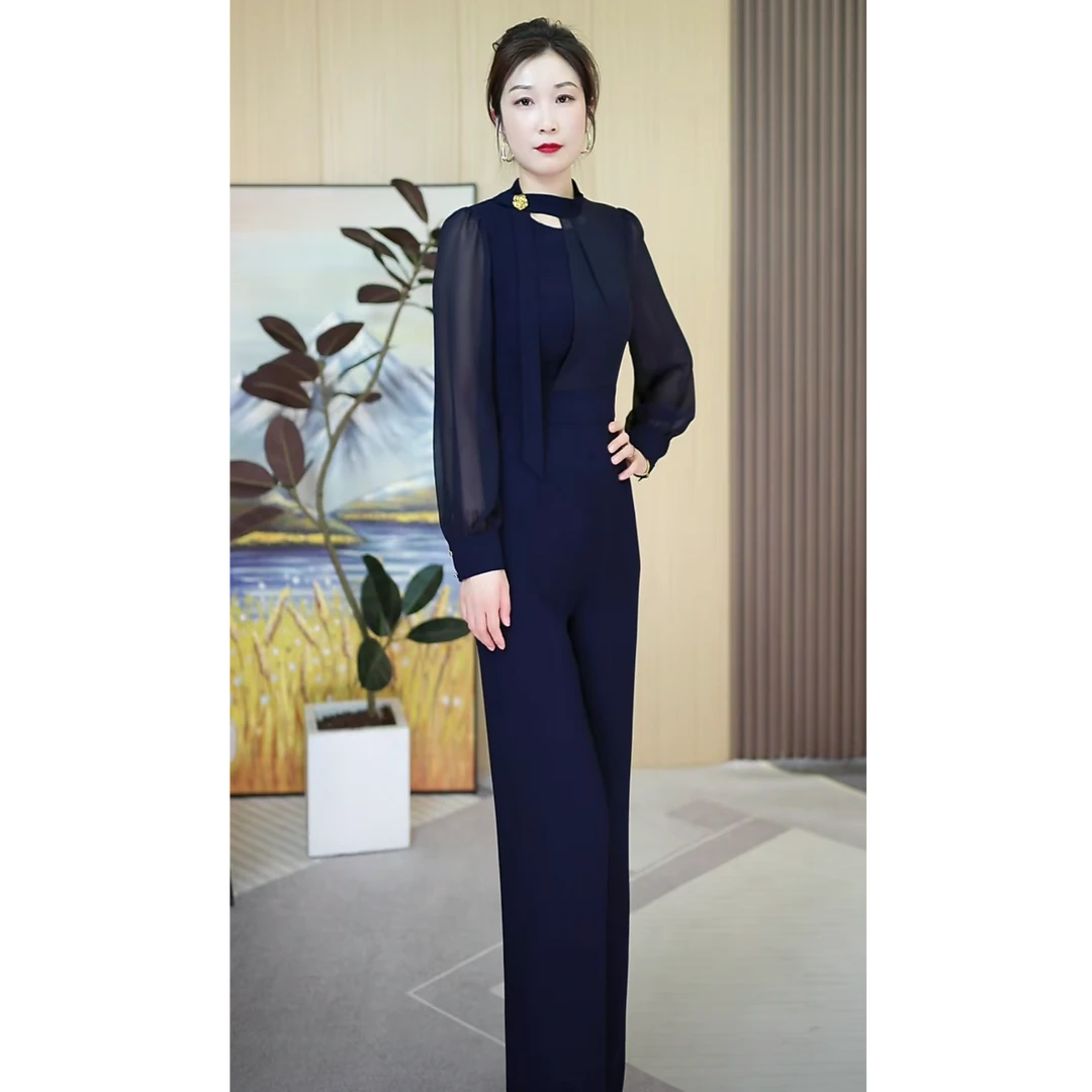 高腰藏蓝色直筒连体裤气质女神范长裤显瘦时尚名媛春秋轻奢修身