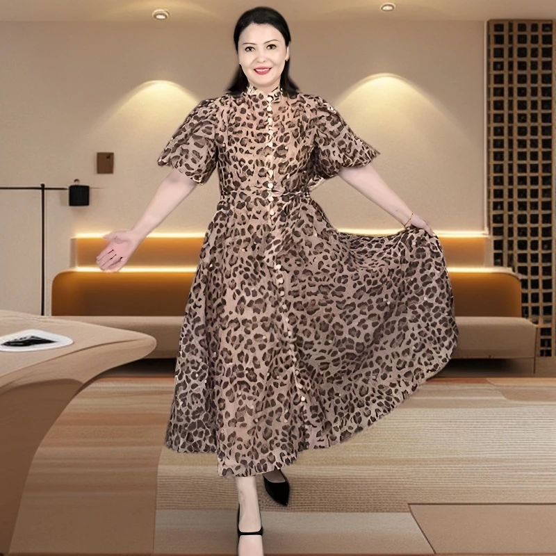 长裙豹纹宽松中长款夏季欧美版泡泡袖穿连衣裙女装网红气质显瘦