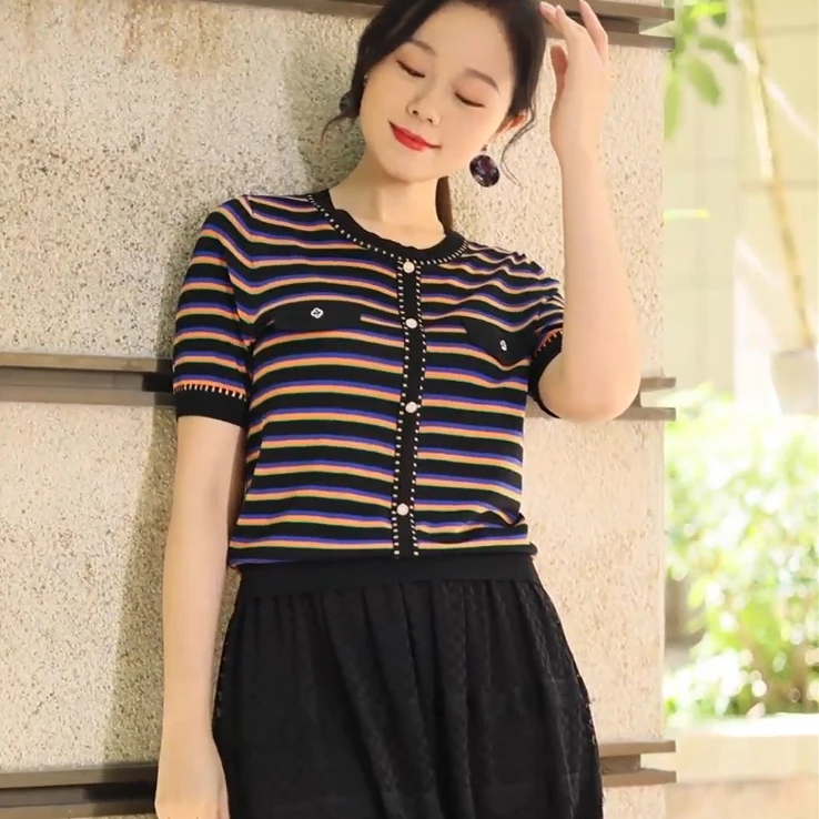 春夏新款撞色减龄针织衫柔软舒适透气凉爽#765771A-03短款圆领