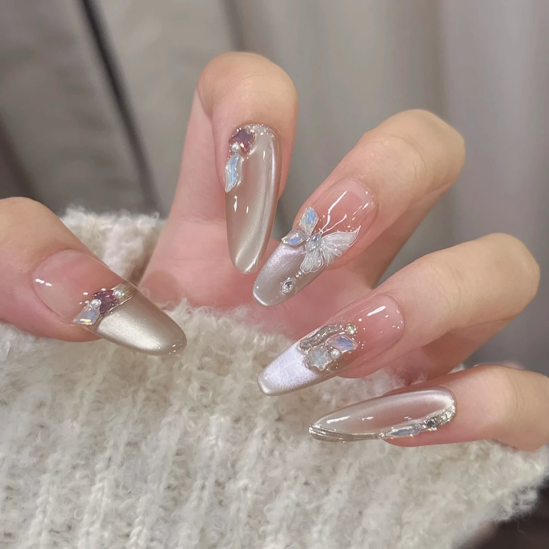 【蝴蝶谷】纯手工穿戴甲猫眼款轻奢气质纯欲风穿戴式美甲贴10片