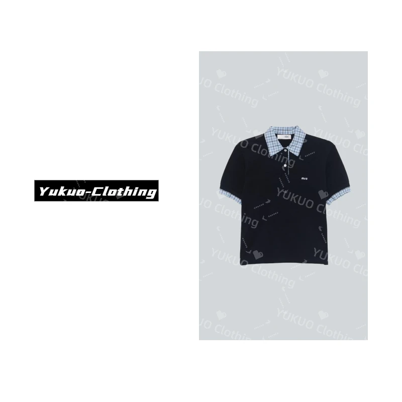 Miu风格蓝色格纹拼接翻领假两件短袖polo衫