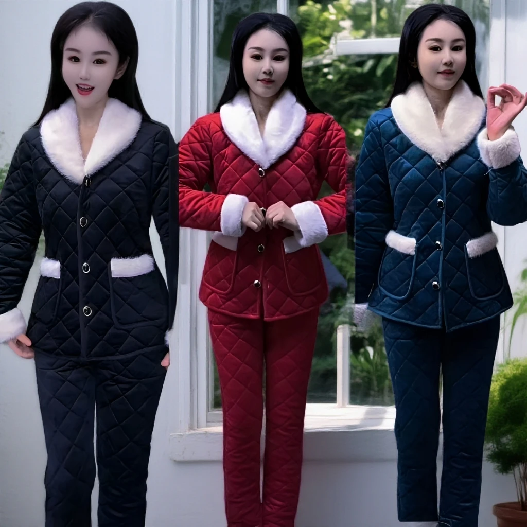 翻领套装冬季加绒保暖修身显瘦女士棉袄棉裤加厚修身时尚两件套