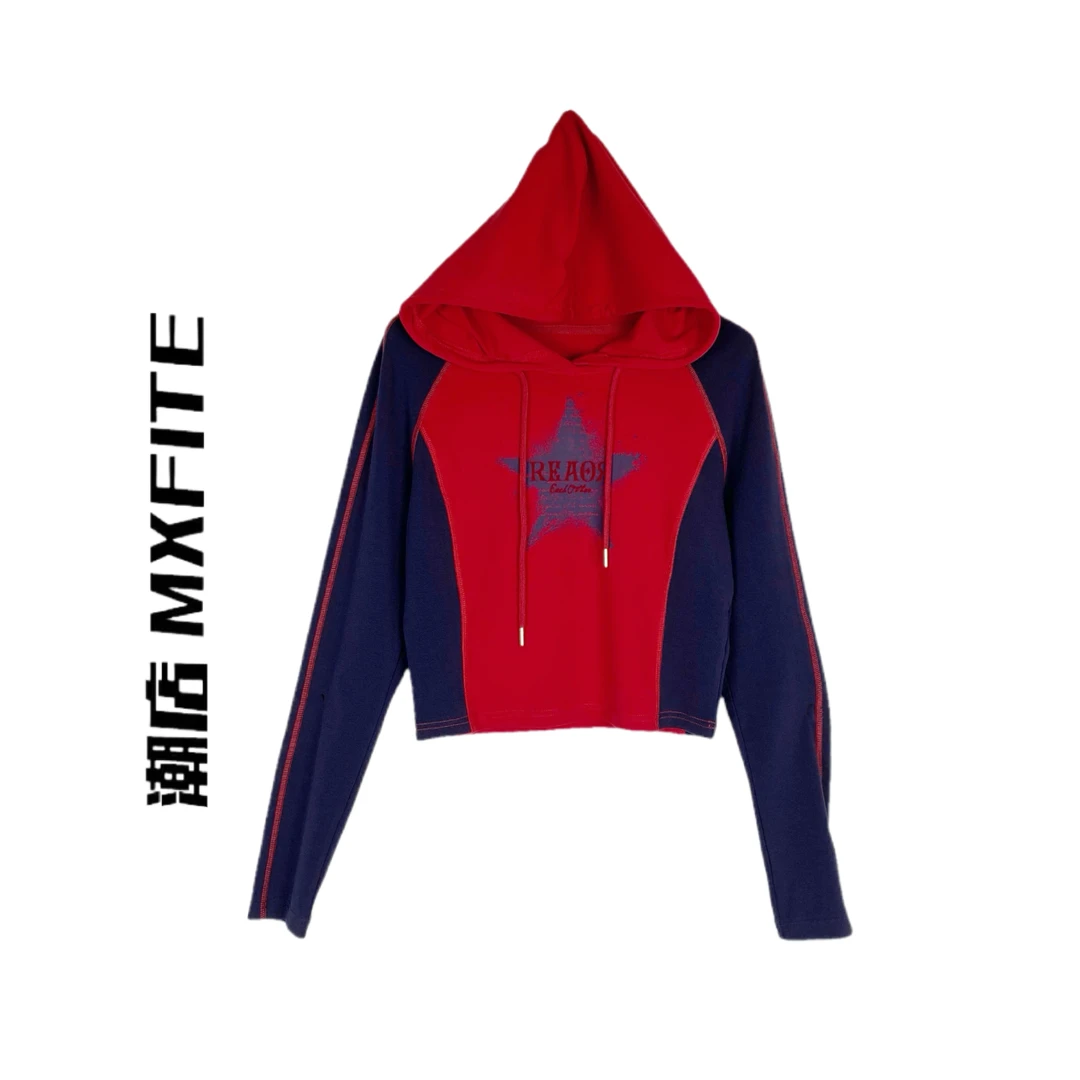 MXFITE潮店秋季新款撞色拼接连帽做旧印花打底衫（ZHQ52155）