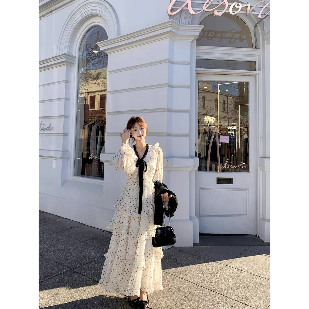 波尔卡序曲 法式收腰波点蛋糕长款连衣裙秋季气质女神范超仙长裙
