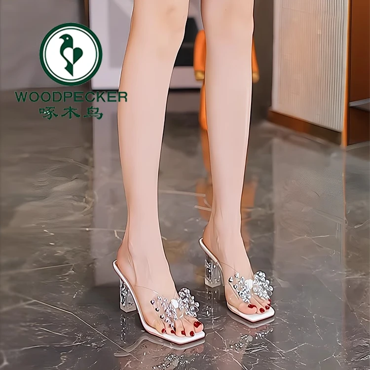 欧美风粗跟拖鞋夏季新款露趾高跟女凉拖外穿透明水钻蝴蝶结一字拖