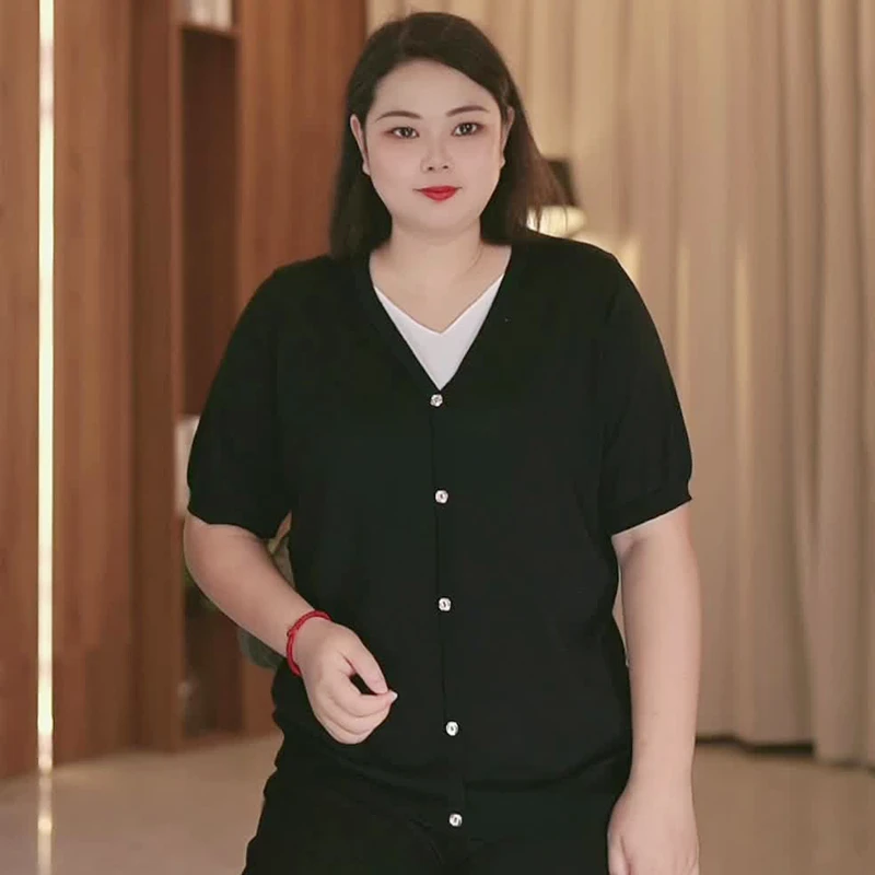 大码女士夏季冰爽针织衫胖mm宽松显瘦百搭V领上衣遮肚子黑色薄款