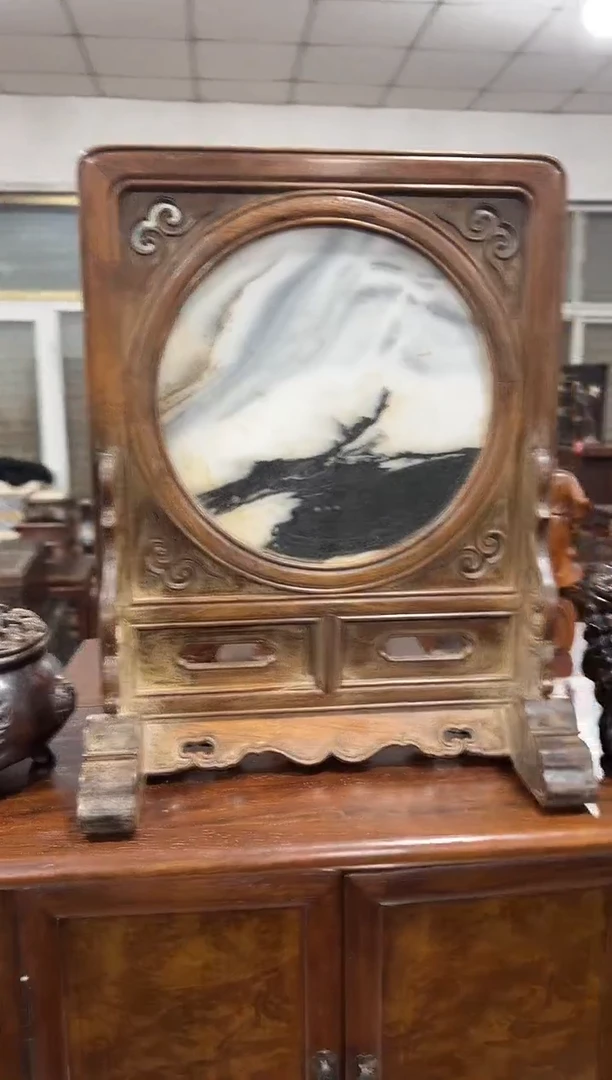 花梨木圆云石插屏