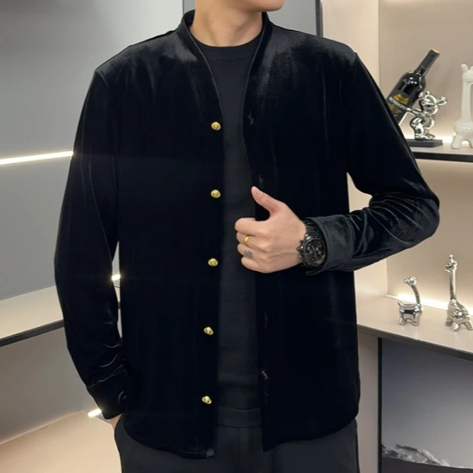 25309秋季新款2025男士净版修身高品质丝绒商务风开衫
