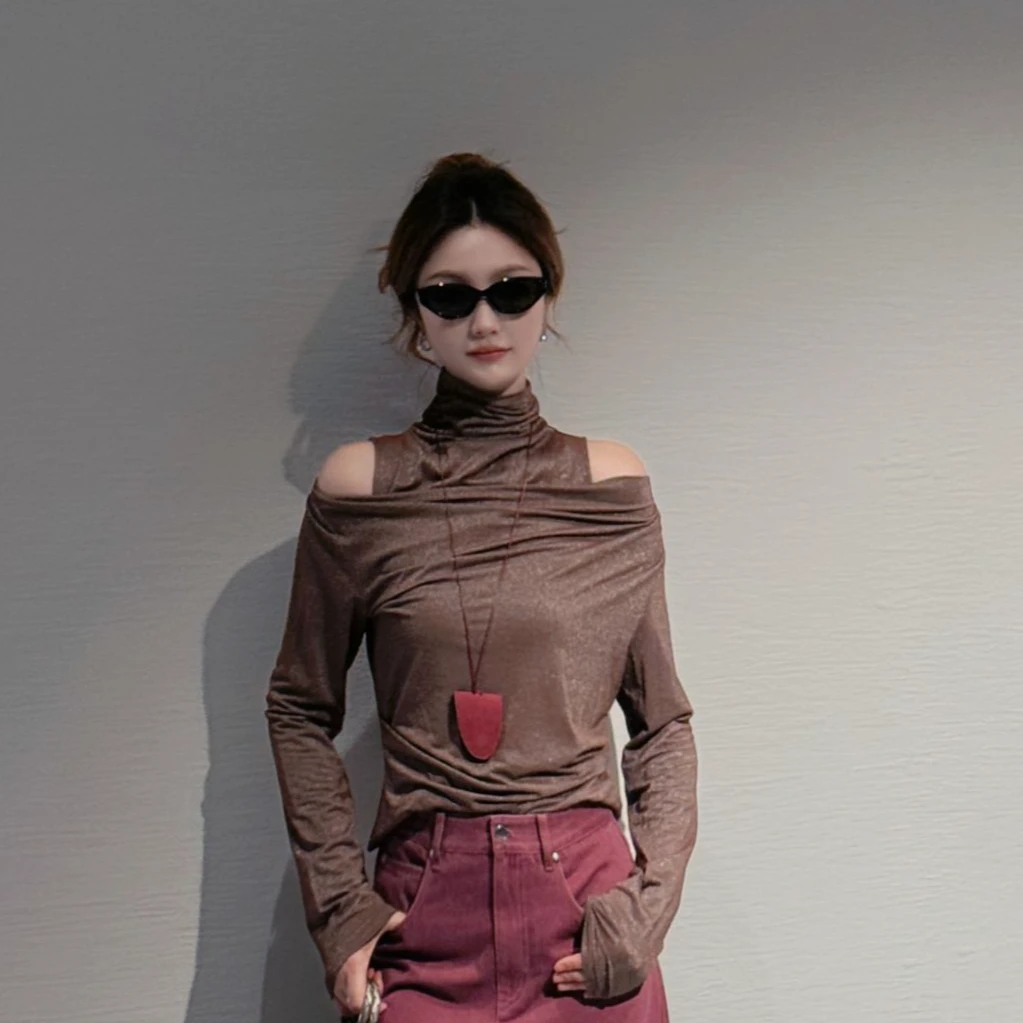 AMASS/阿玛施时尚优雅气质设计感露肩两件套高领长袖T恤  5301086