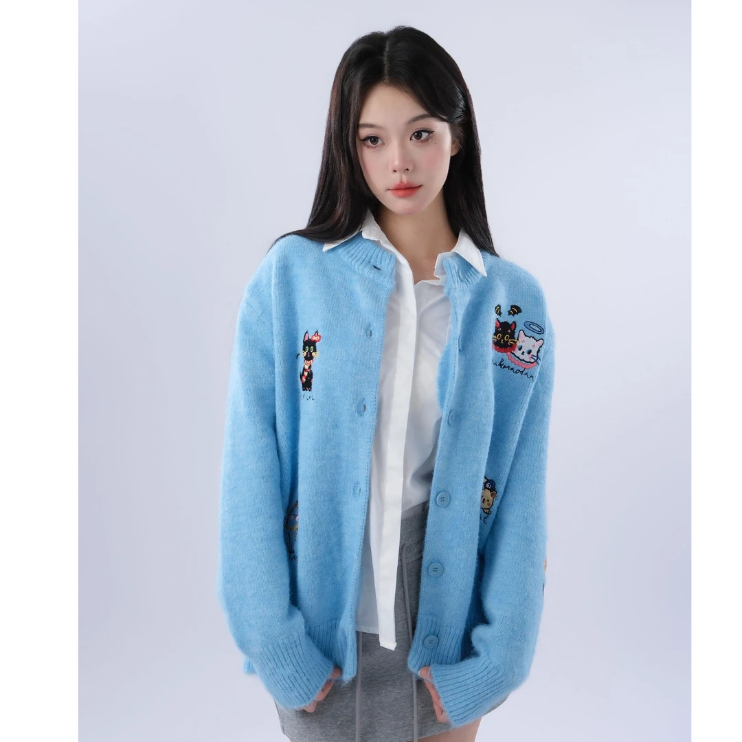 【蓝衫趣搭】蓝色萌趣针织开衫搭配灰百褶裙尽显俏皮少女感-kk010