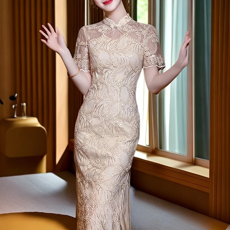 礼服女装高端2025新款新中式订婚旗袍裙香槟色蕾丝旗袍改良连衣裙
