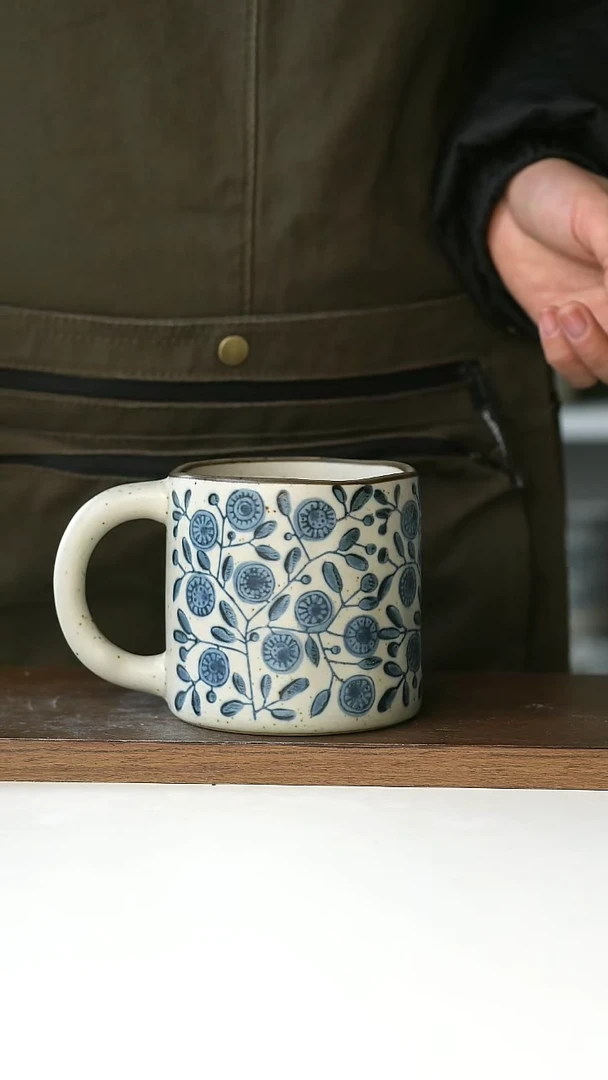 【闪购商品】陶瓷粗陶手绘金盏花马克杯420ml@4-2@