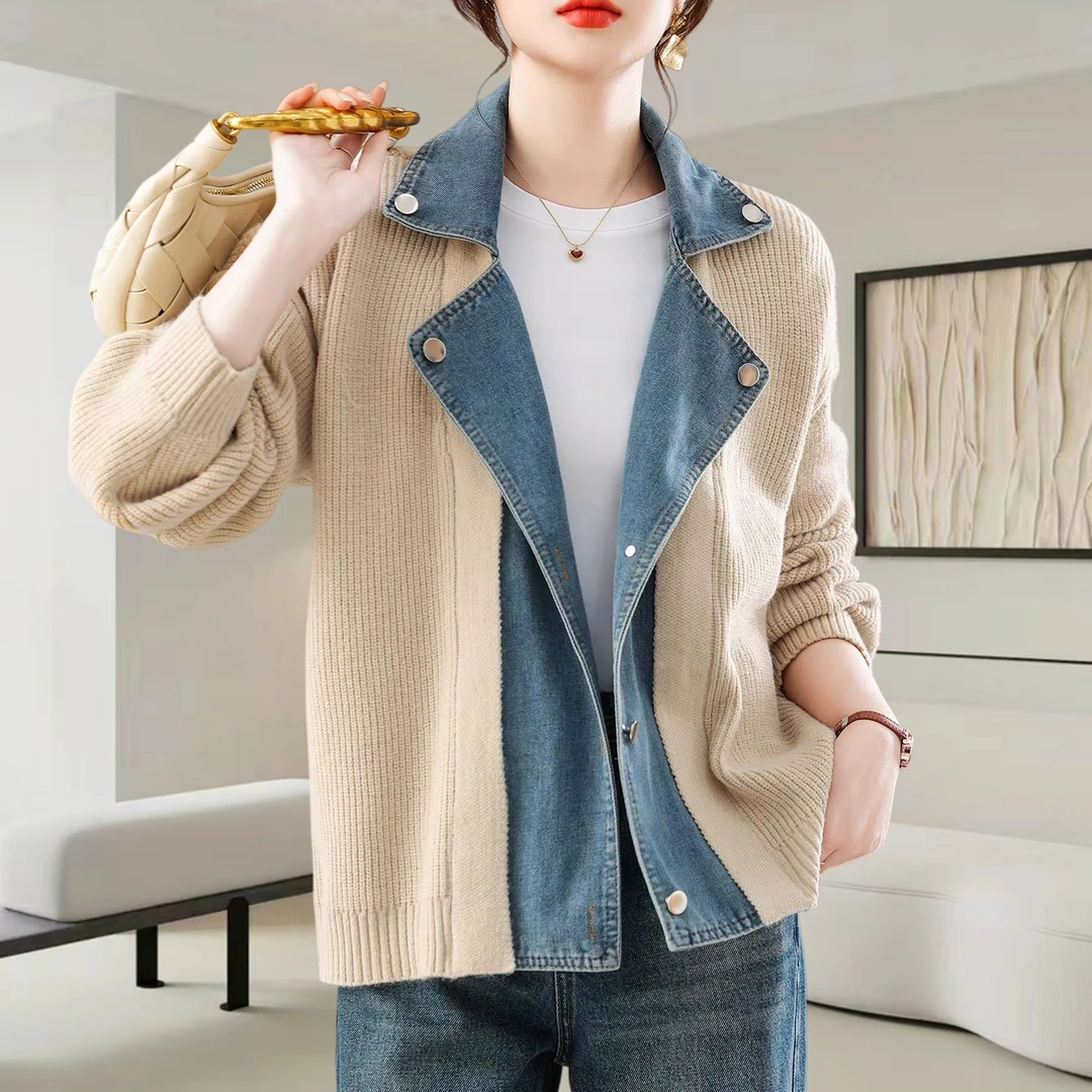 2025秋冬新款女牛仔拼接针织开衫派克服气质宽松显瘦毛衣外套上衣