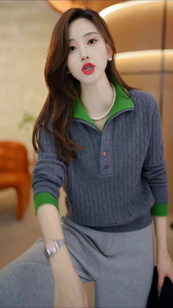 百搭撞色减龄套头假两件立领春简约针织衫羊毛衫时尚休闲初毛衣女