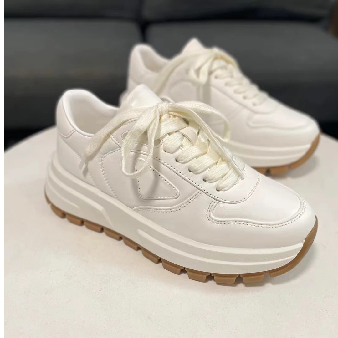 欧洲站2025春牛皮厚底增高运动小白鞋跟高5cm白鞋羊皮里