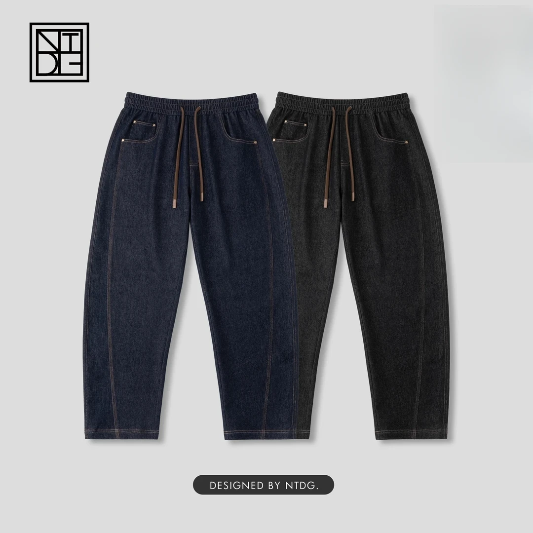南通大个秋冬新款日系大码水洗明线耐磨抽绳设计宽松牛仔休闲裤男
