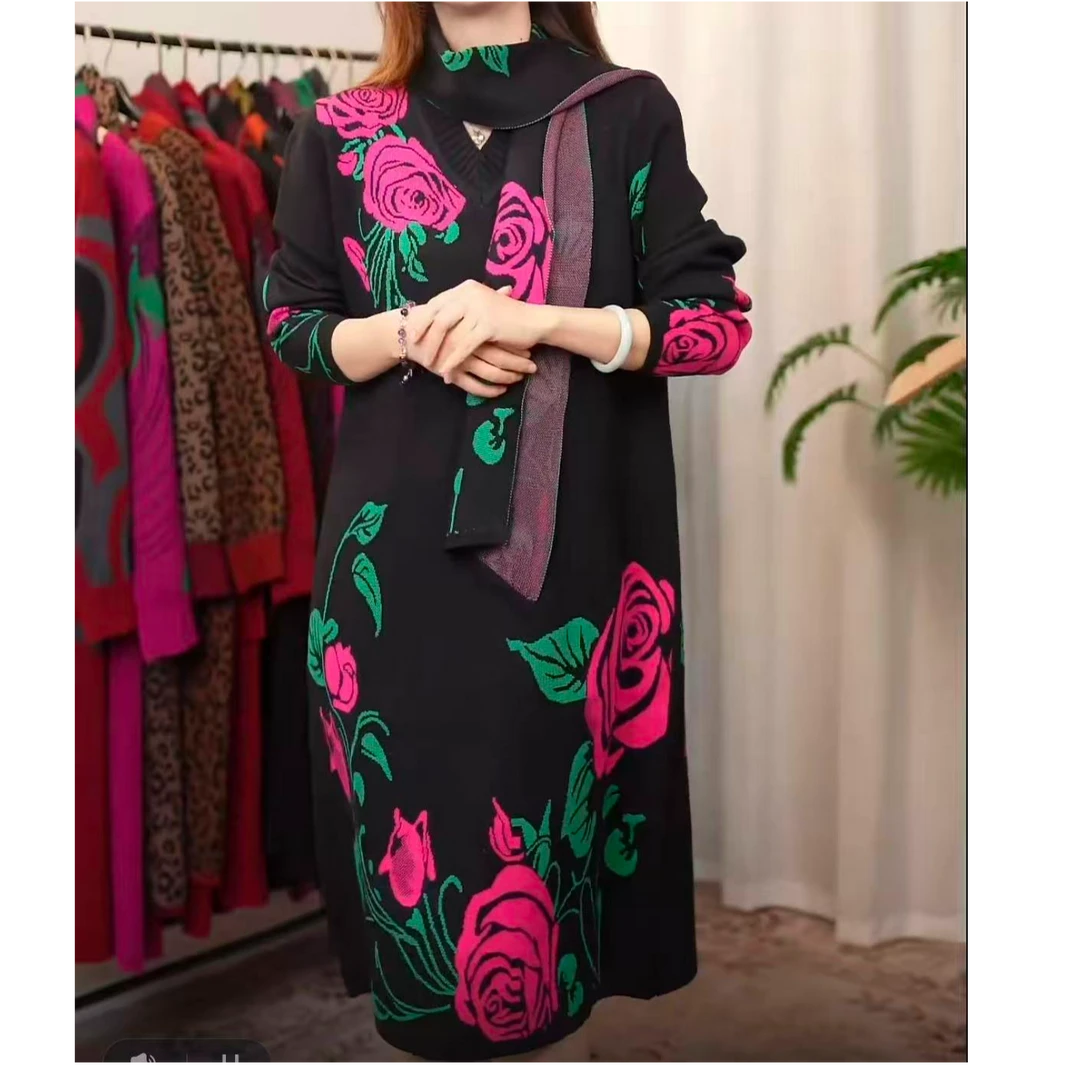 【108】秋冬季优雅时髦时尚气质网红提花工艺装优雅气质连衣裙