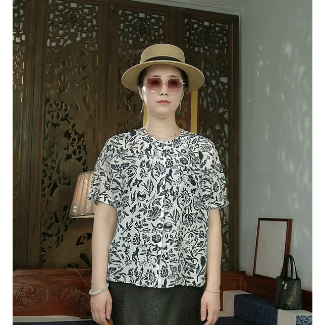 品叔&设计 · 桑蚕丝双绉印花时尚短袖上衣