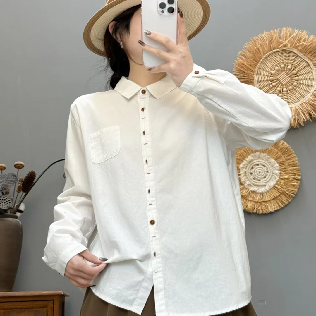 新款暗扣设计文艺休闲长袖纯棉水洗长袖衬衫打底上衣863