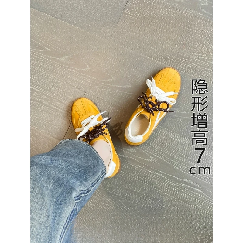 真皮~黄色内增高阿甘鞋女新款轻奢平底休闲运动鞋板鞋厚底德训鞋