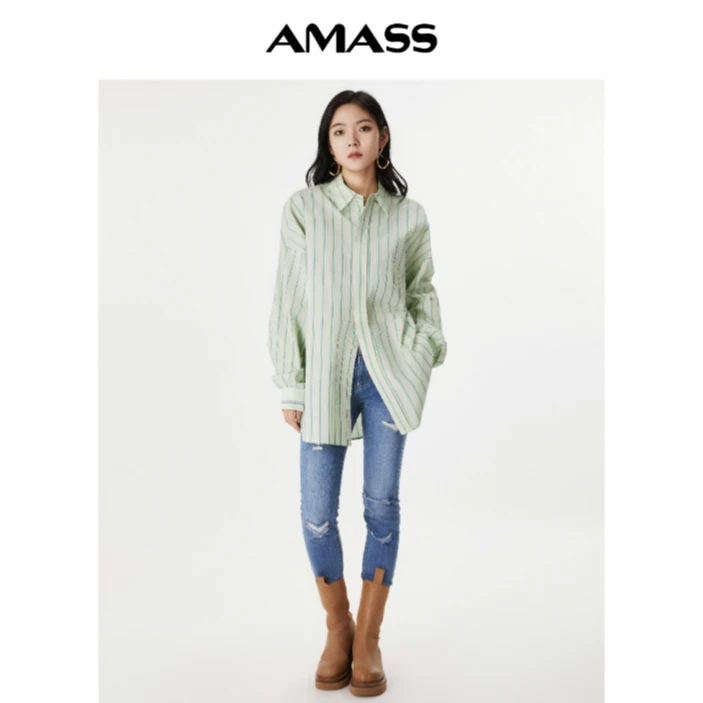 AMASS/阿玛施新款百搭竖条纹彩色宽松小众长袖衬衫5300811