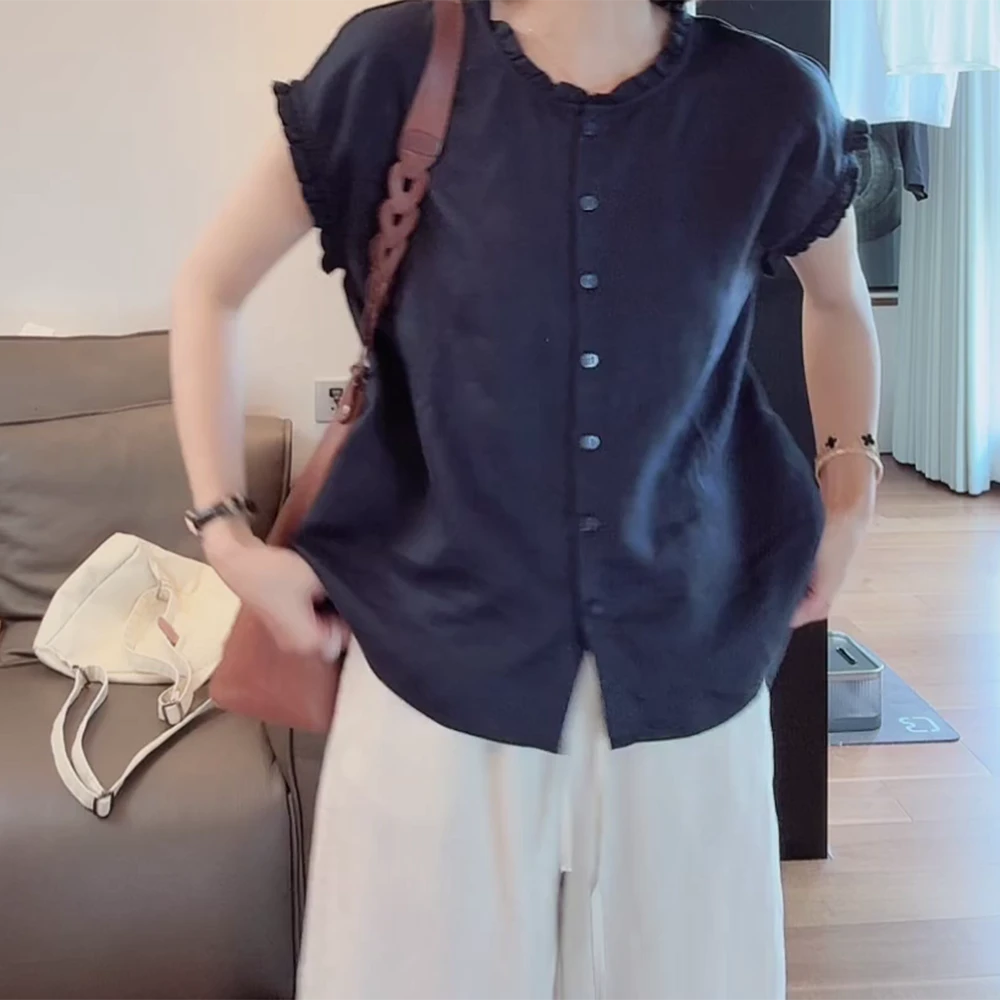 2025新款木耳领纯色飞飞袖衬衫夏季新款时尚百搭休闲女上衣