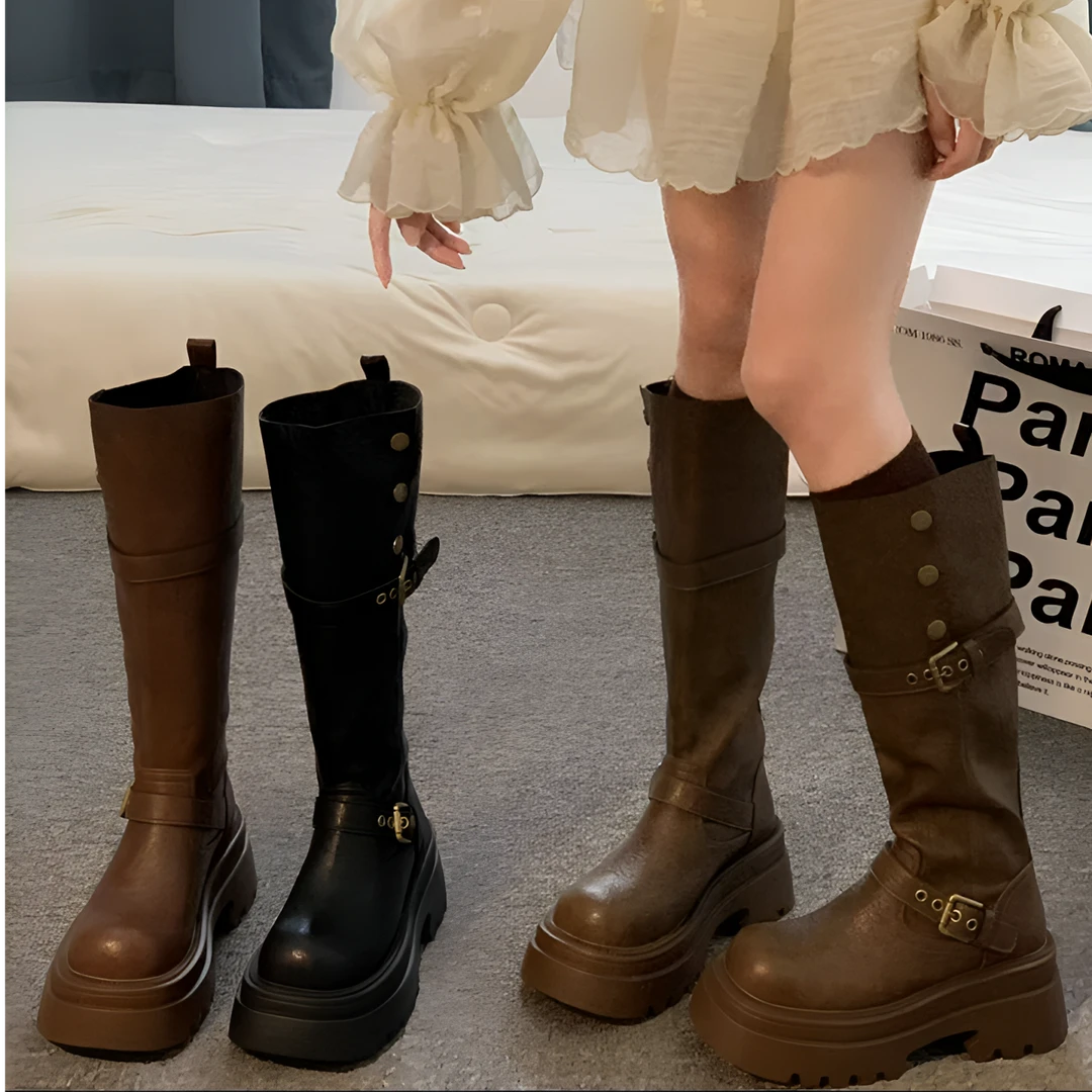 韩版女款长筒靴2025秋冬季新款复古爆款美拉德增高英伦厚底骑士靴