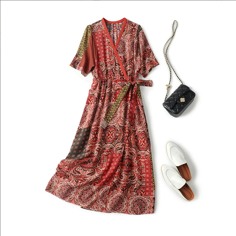 【墨枝】新中式收腰桑蚕丝连衣裙D9008184