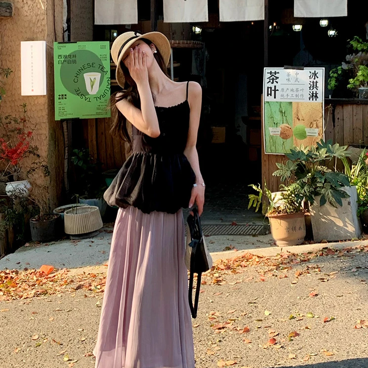 佐佐家小个子蕾丝边显瘦花苞可调节肩带吊带背心夏季女收腰小上衣