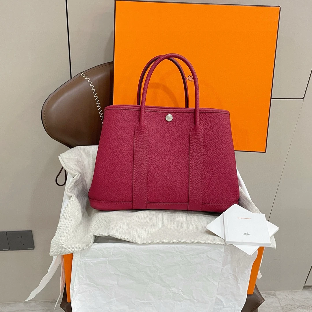 99新 Hermes/爱马仕  garden party花园30手提包石榴红银扣 ️Z刻