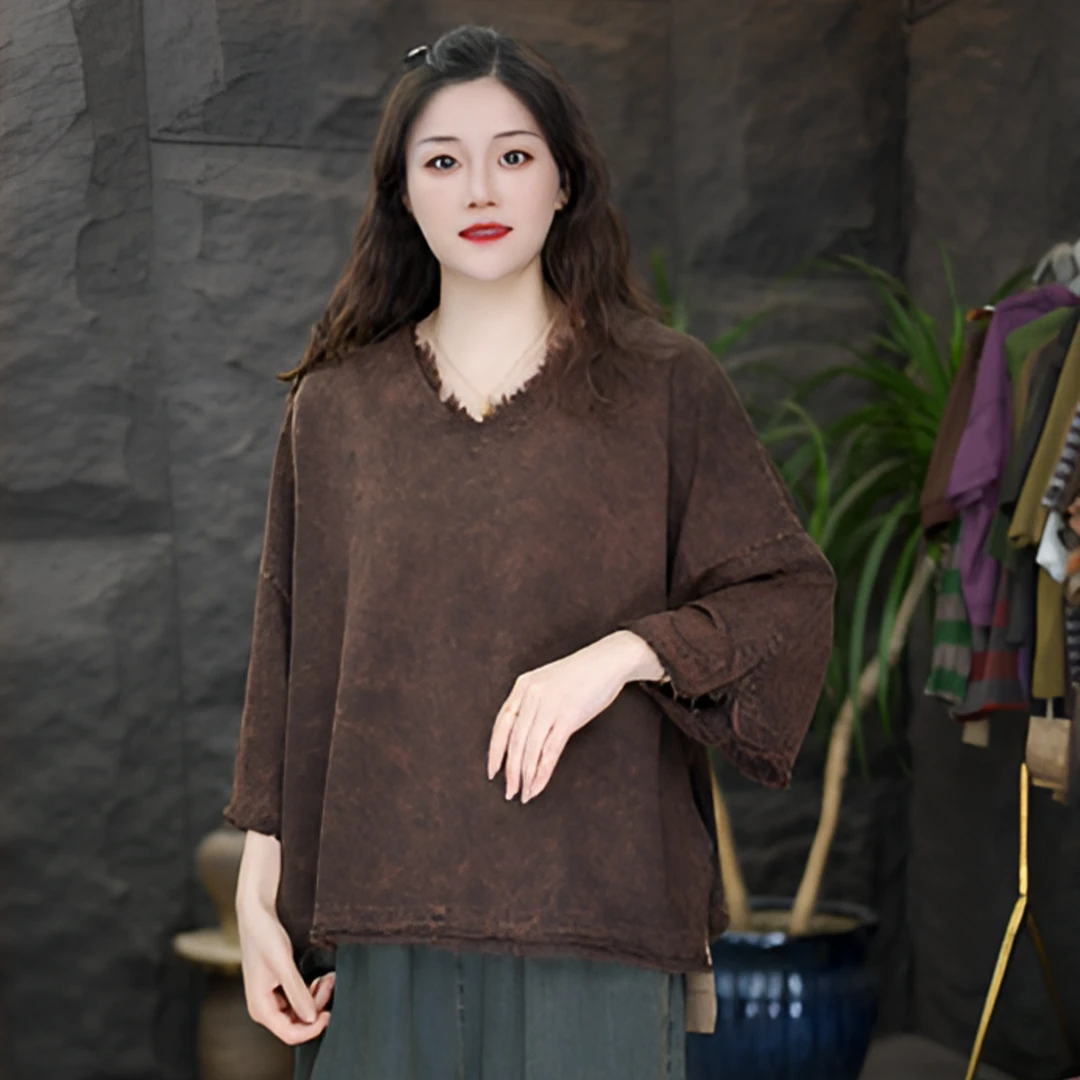 GG复古做旧水洗女宽松休闲百搭五分袖上衣