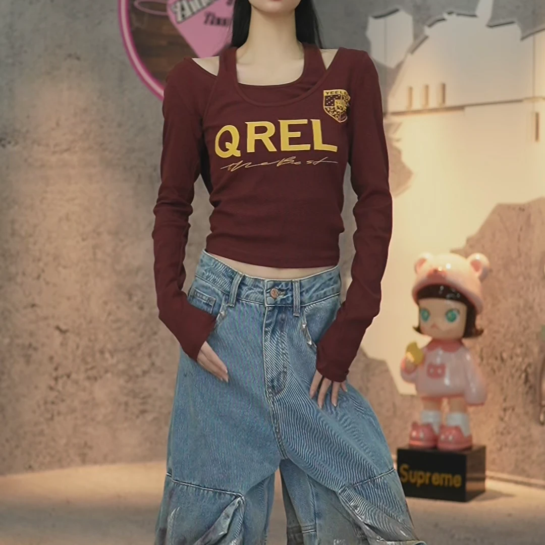 秋季新款原创设计师小众连帽挂脖英文长袖t恤女时尚个性百搭上衣