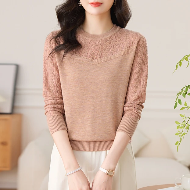 【绵羊毛】镂空设计感2025春秋薄款百搭圆领小衫洋气套头长袖针织衫