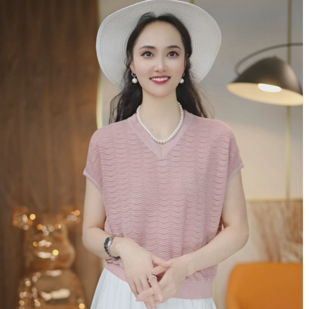 轻薄~透气（天丝+桑蚕丝)夏季高级感简约纯色气质V领上衣9189