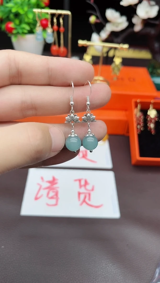 石英质玉（天山翠）银S925镶嵌耳饰237000