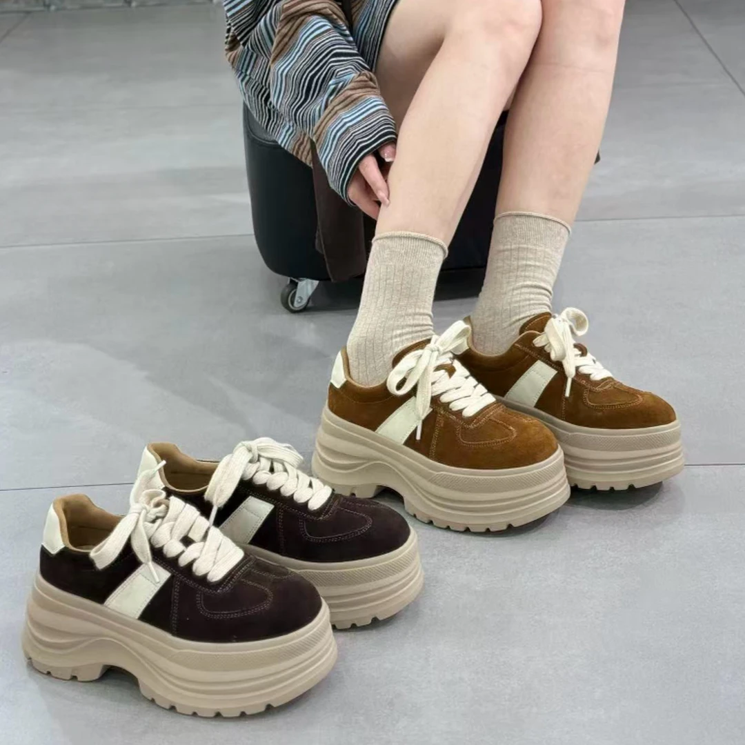 欧货松糕厚底小个子增高德训鞋女2025秋休闲板鞋面包鞋真皮女单鞋