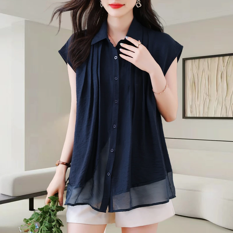 法式翻领短袖衬衫女装2025夏季新款洋气减龄宽松遮肚显瘦休闲上衣