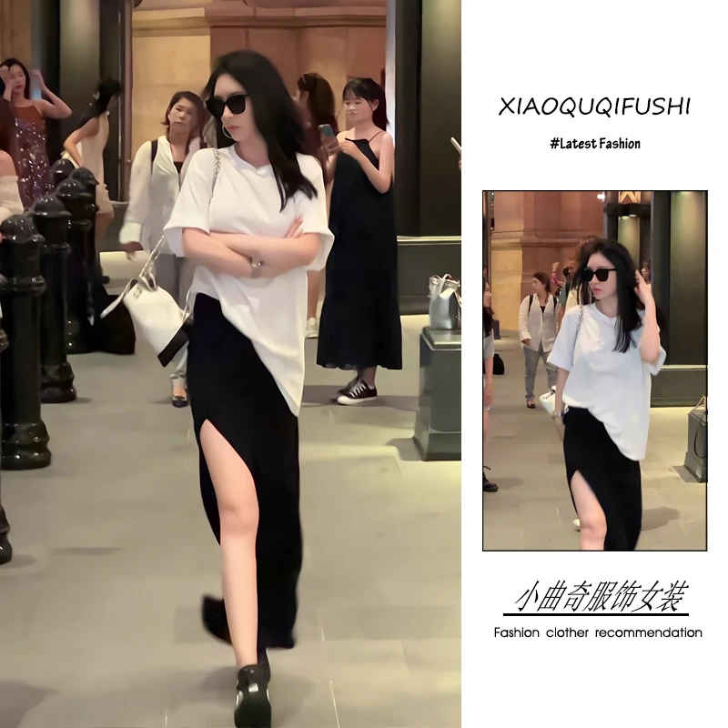 夏季流行穿搭一整套新款2025韩系休闲风宽松T恤开叉半身裙两件套