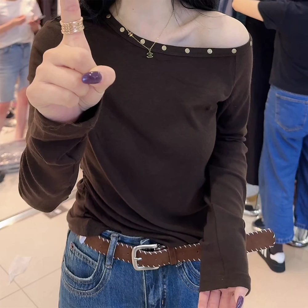 新款时尚网红纯欲风长袖斜领设计感上衣T恤C5878