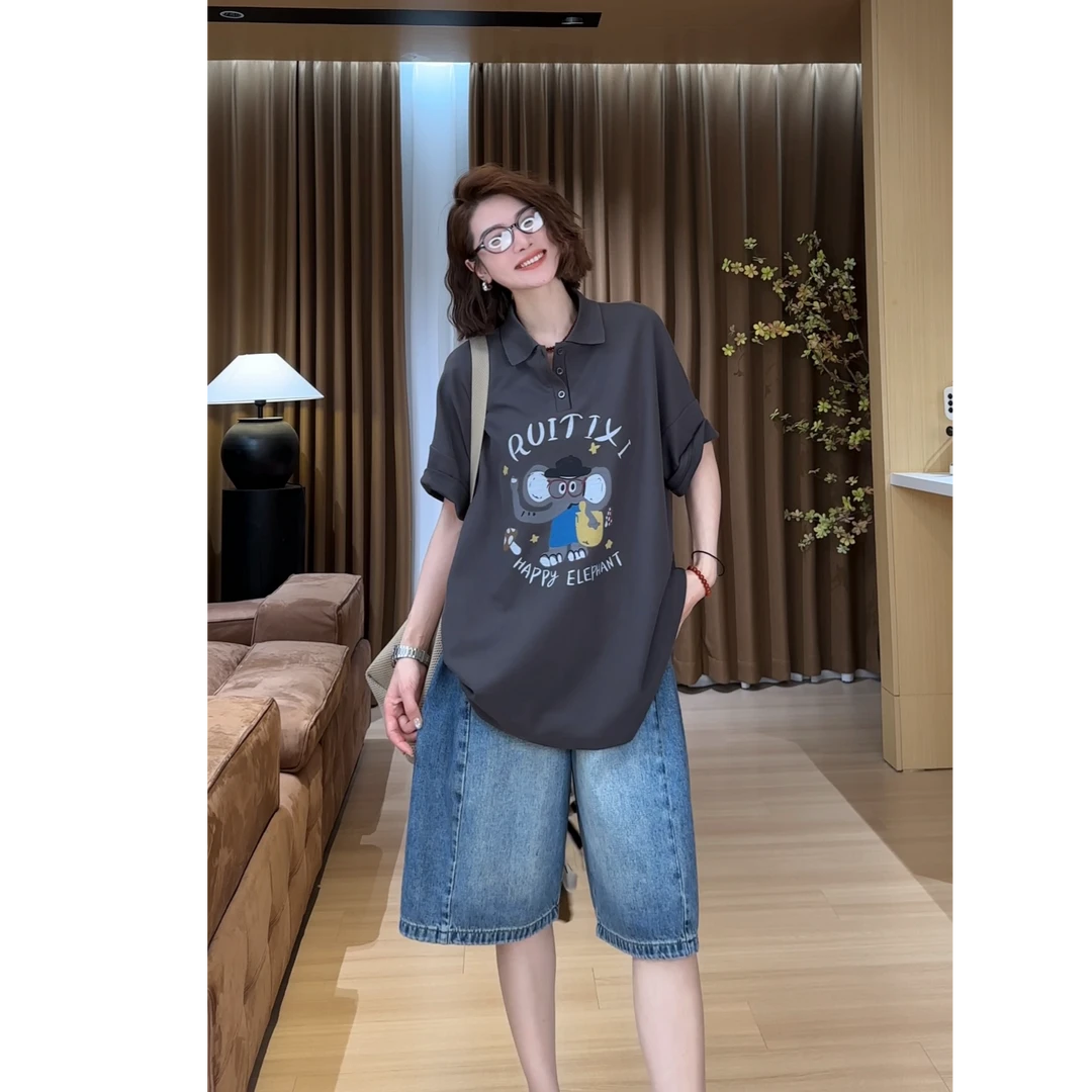 YYOUHAN 2025夏季小众设计极简风大象字母POLOT恤衫 2505C2438