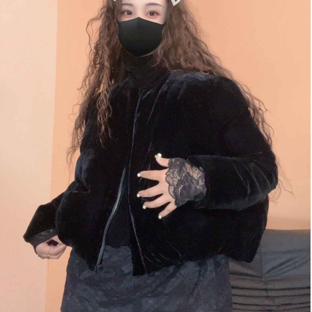 museguhui/木色古汇73610#南瓜丝绒休闲百搭棉服短款黑色ins立领